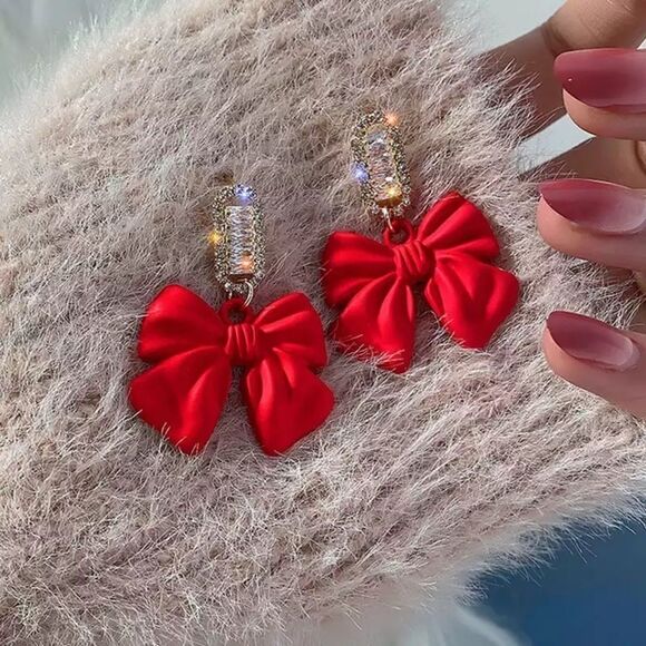 Red Bow tie Dangle Dainty Earring - Picture 1 of 2